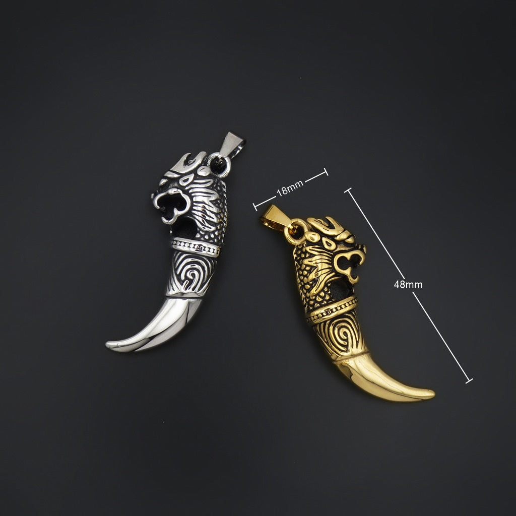 Stainless Steel Dragon Head with Wolf Tooth Pendant - Gold-Pendants-3-Glitters