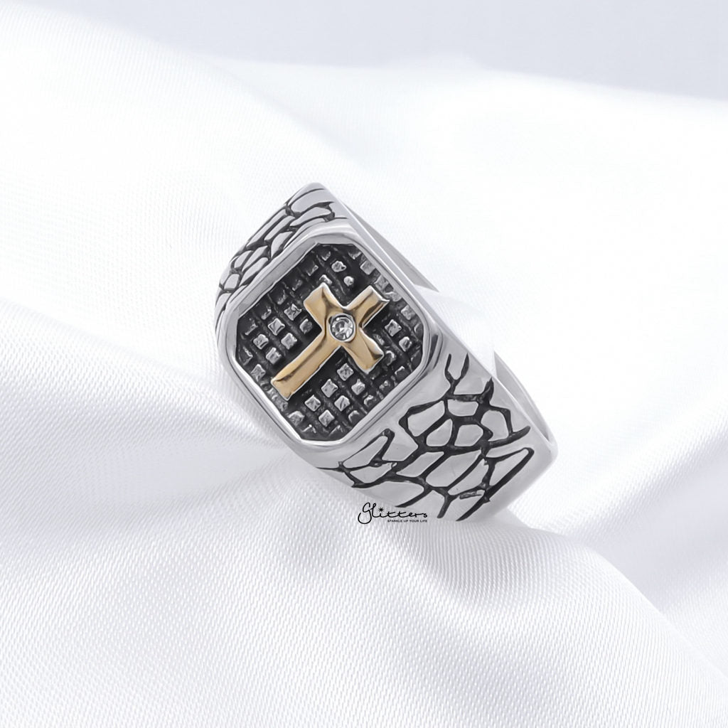 Stainless Steel Two Tone Cross Ring-Stainless Steel Rings-3-Glitters