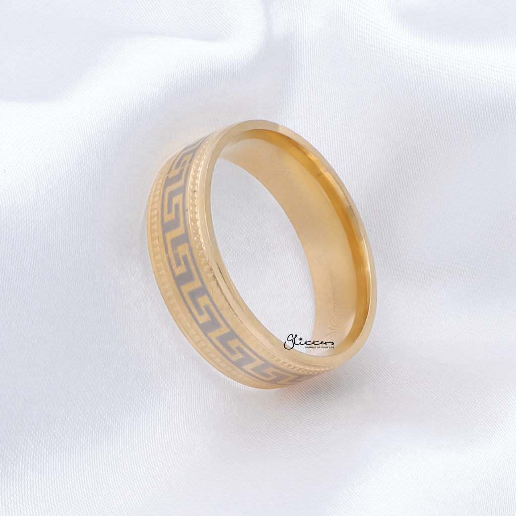 Stainless Steel Greek Key Pattern Band Ring - Gold-Stainless Steel Rings-3-Glitters