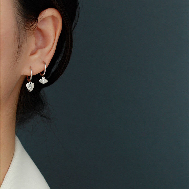 Sterling Silver Huggie Hoop Earrings with Dangle Heart - Silver-Hoop Earrings-4-Glitters
