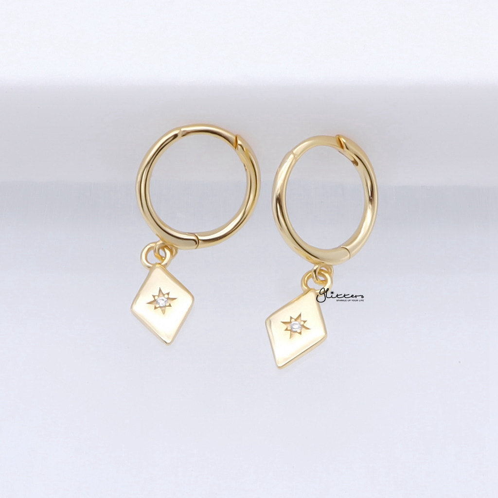 Sterling Silver Rhombus Charm Huggie Hoop Earrings - Gold-Hoop Earrings-3-Glitters