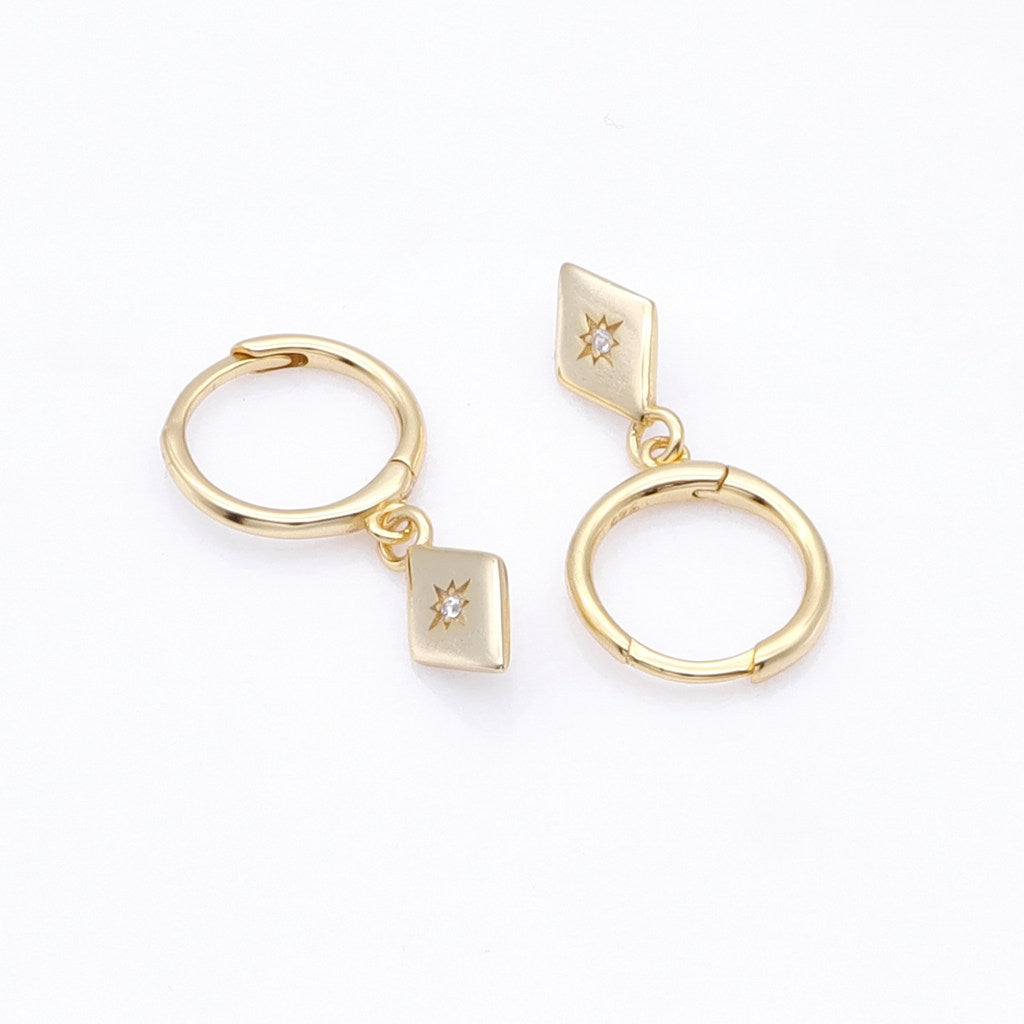 Sterling Silver Rhombus Charm Huggie Hoop Earrings - Gold-Hoop Earrings-1-Glitters