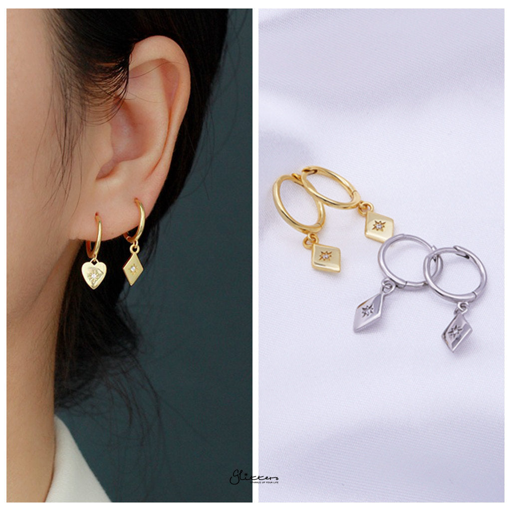 Sterling Silver Rhombus Charm Huggie Hoop Earrings - Gold-Hoop Earrings-2-Glitters