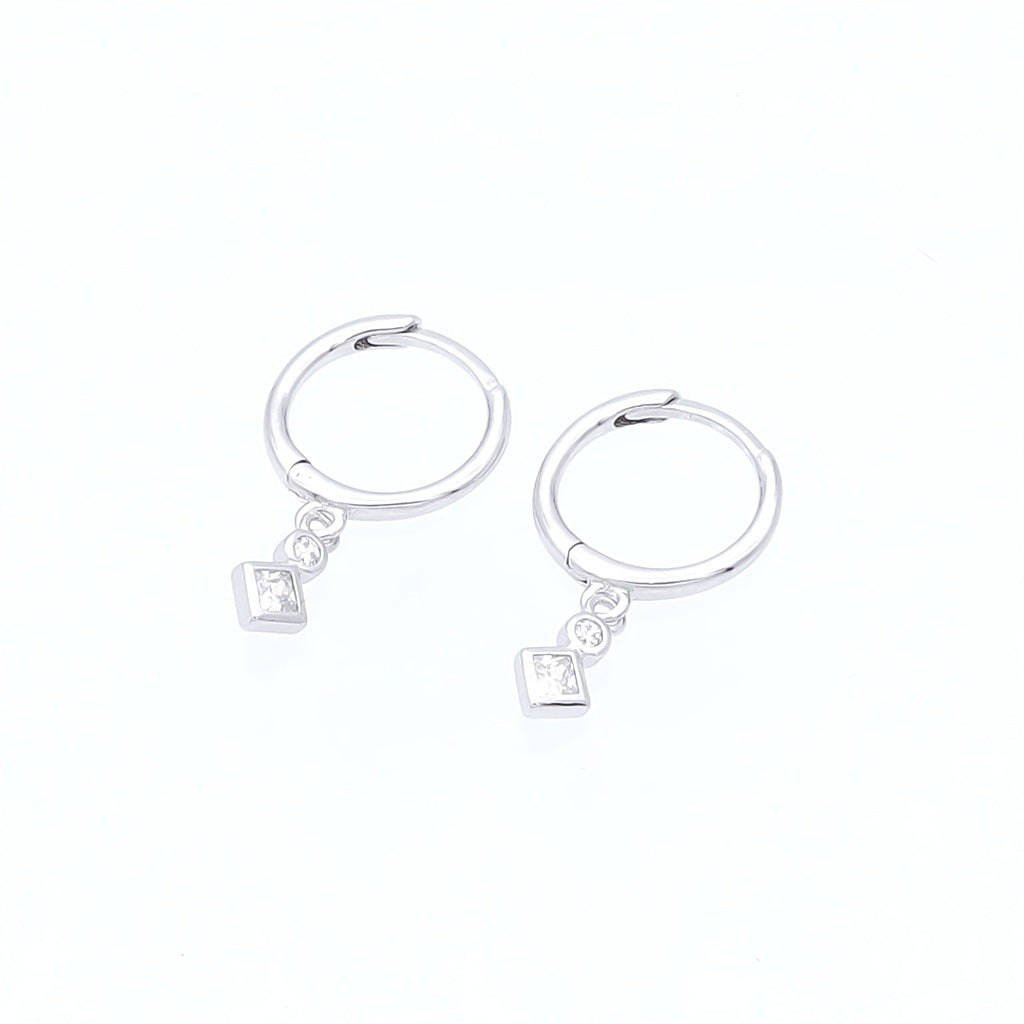 Rhombus and Round CZ Charm Hoop Earrings - Silver-Hoop Earrings-1-Glitters