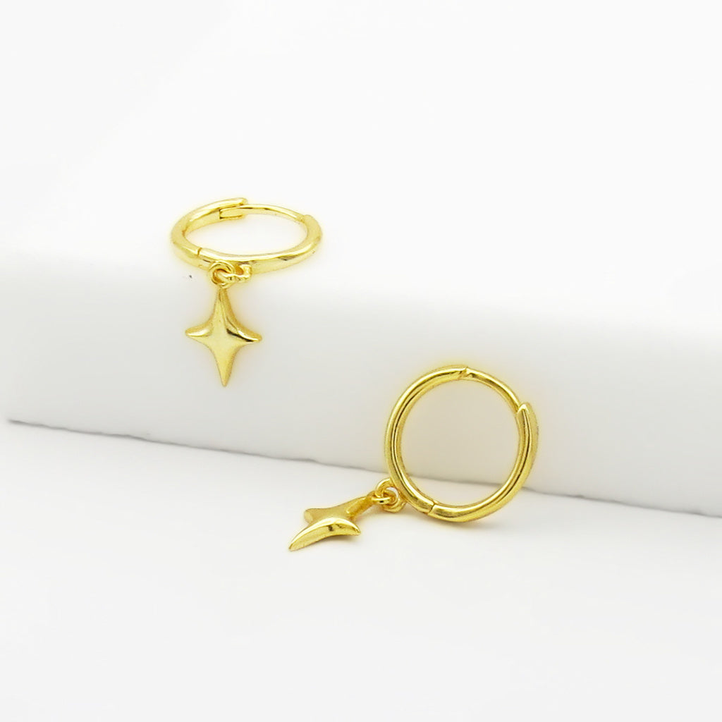3D Star Charm Sterling Silver Hoop Earrings - Gold-Hoop Earrings-4-Glitters