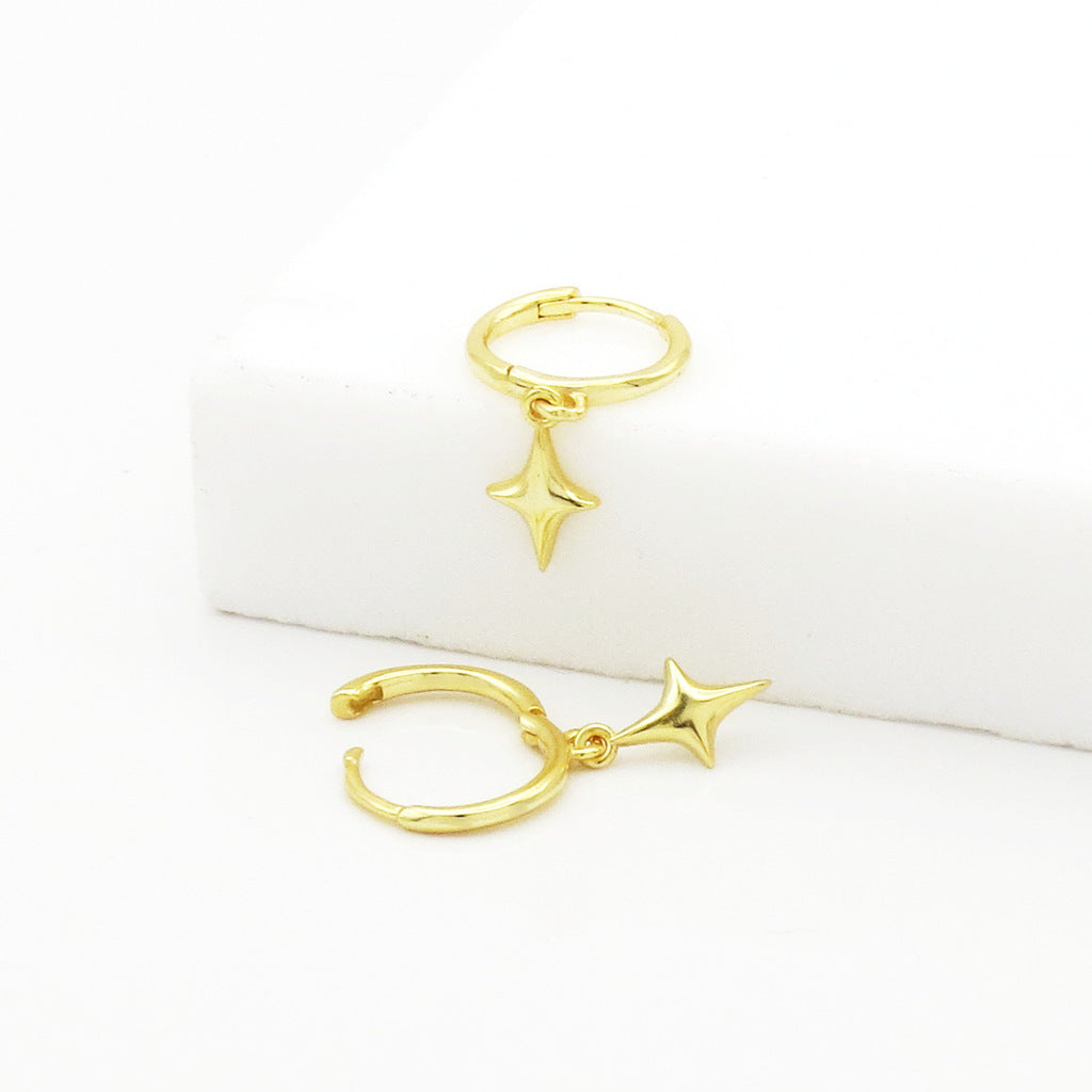 3D Star Charm Sterling Silver Hoop Earrings - Gold-Hoop Earrings-5-Glitters