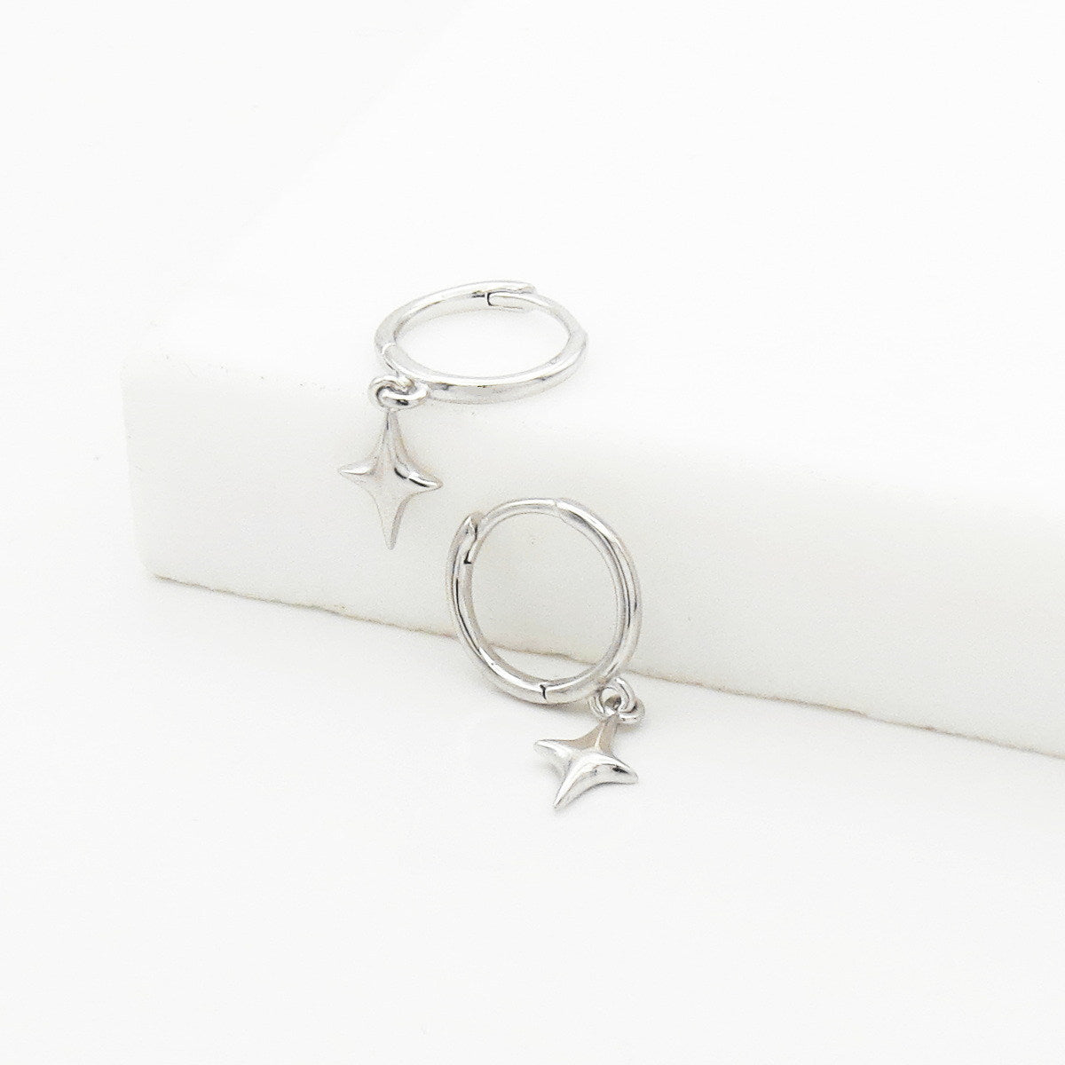 3D Star Charm Sterling Silver Hoop Earrings - Silver-Hoop Earrings-4-Glitters