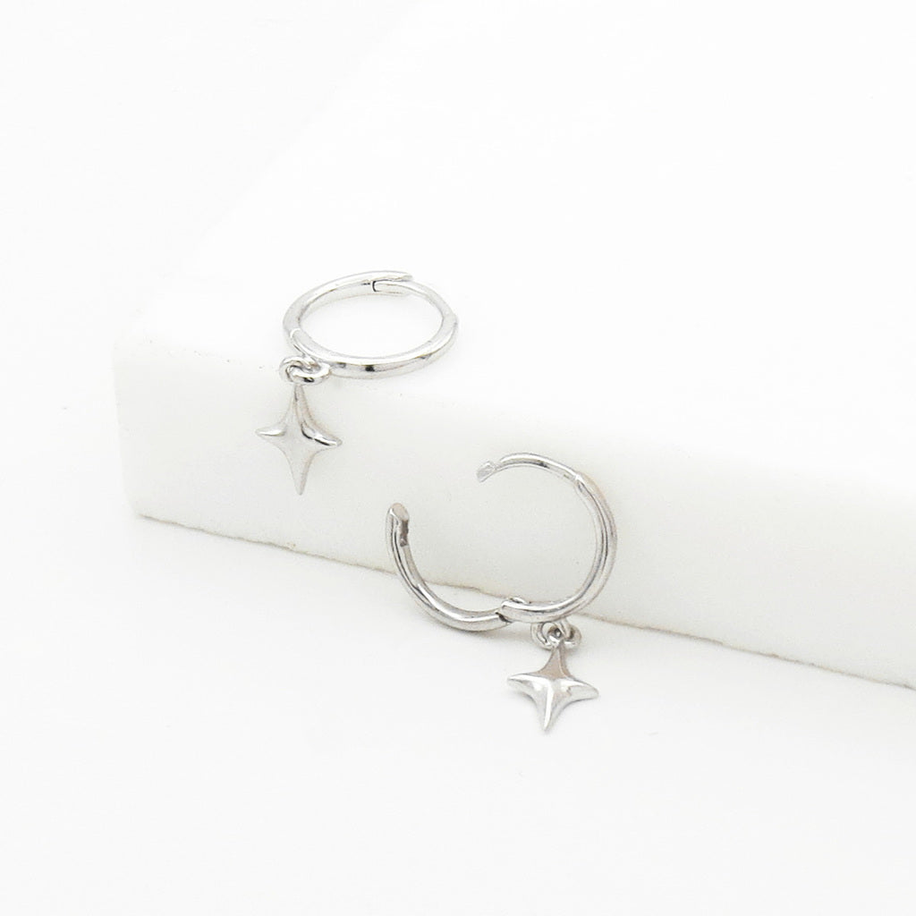 3D Star Charm Sterling Silver Hoop Earrings - Silver-Hoop Earrings-5-Glitters
