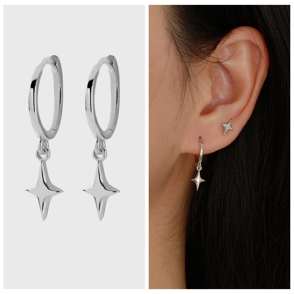 3D Star Charm Sterling Silver Hoop Earrings - Silver-Hoop Earrings-3-Glitters