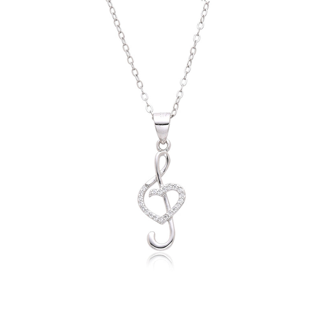 Sterling Silver CZ Treble Clef & Heart Pendent Necklace-Sterling Silver Necklaces-1-Glitters