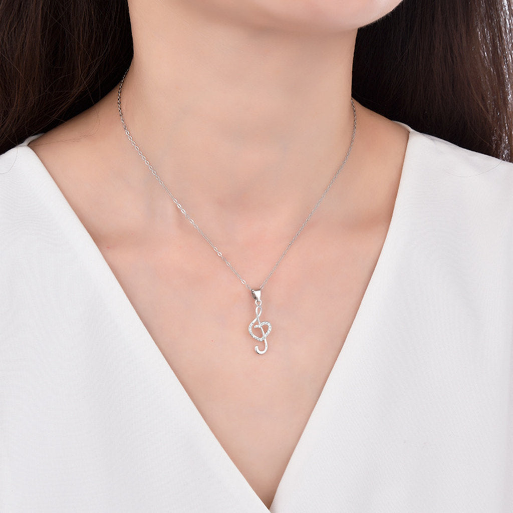 Sterling Silver CZ Treble Clef & Heart Pendent Necklace-Sterling Silver Necklaces-2-Glitters