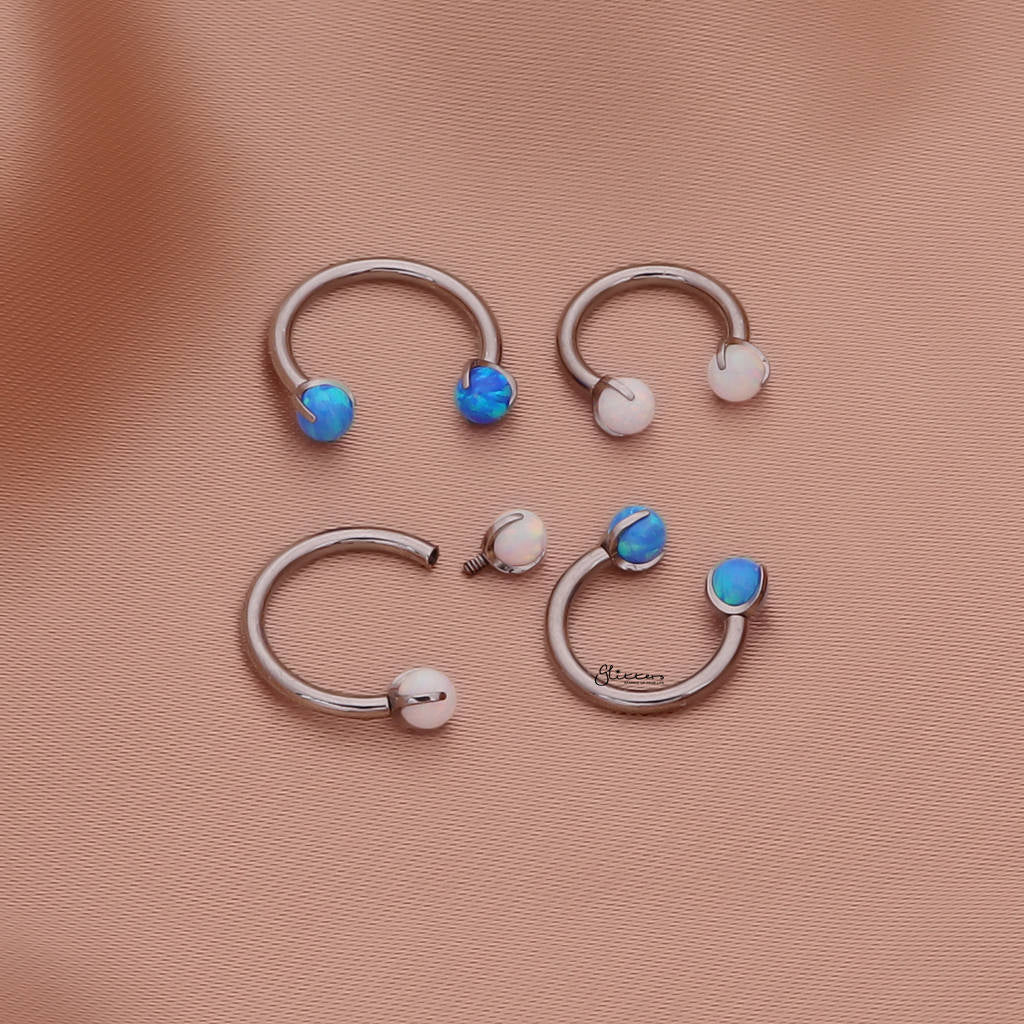 Titanium Horseshoes with Internally Threaded Opal Balls - Blue-Horseshoes-3-Glitters