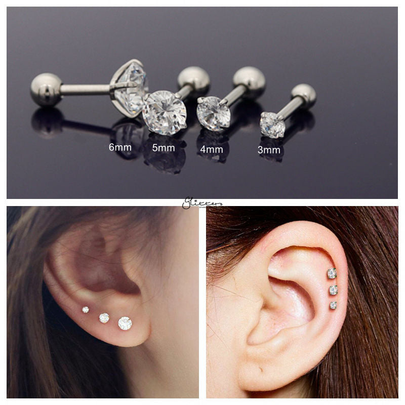Surgical Steel Prong Set Round CZ Barbell Studs Bundle - Silver-Tragus | Cartilage | Daith | Conch-2-Glitters