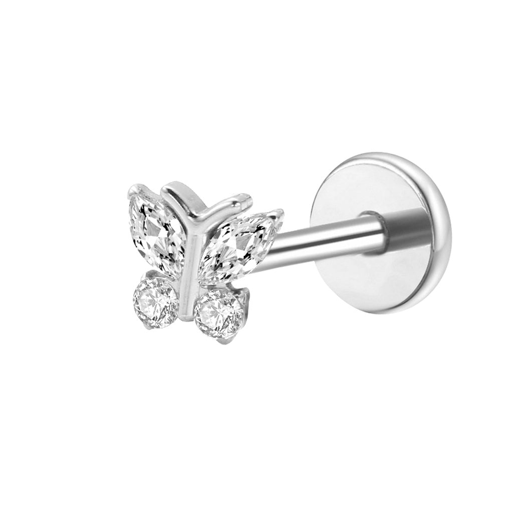 CZ Butterfly Titanium Flat Back Stud Earrings-Tragus | Cartilage | Daith | Conch-1-Glitters