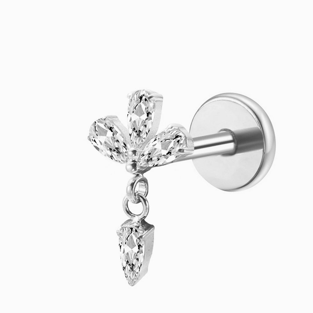 Flower with Dangling Teardrop CZ Titanium Flat Back Stud Earrings-Tragus | Cartilage | Daith | Conch-1-Glitters