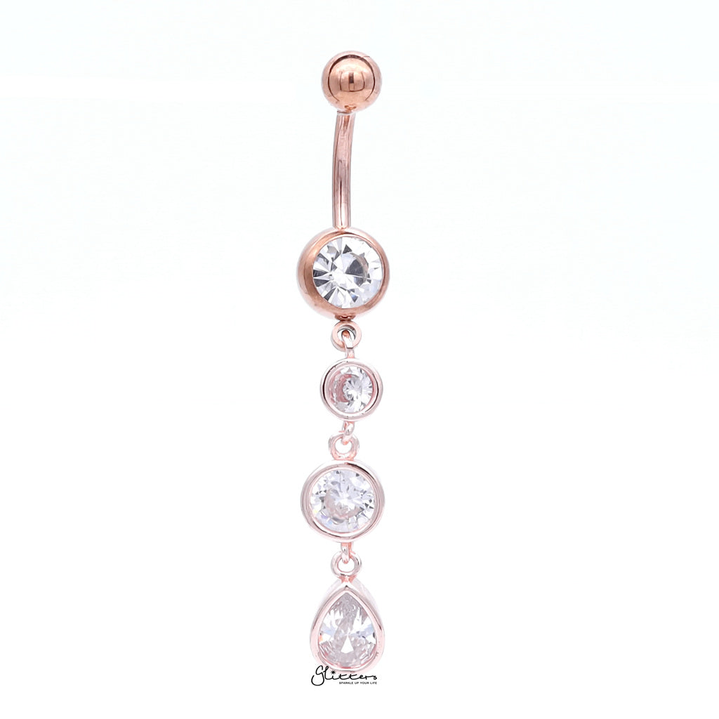 Triple CZ Dangle Belly Button Navel Ring - Rose Gold | Glitters