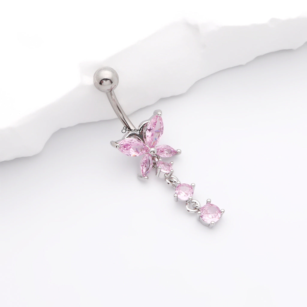 CZ Butterfly with 3 Dangle CZ Belly Button Navel Ring - Pink-Belly Rings-2-Glitters