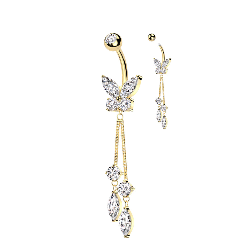 CZ Butterfly with Dangle Marquise CZ Belly Button Navel Ring - Gold-Belly Rings-1-Glitters