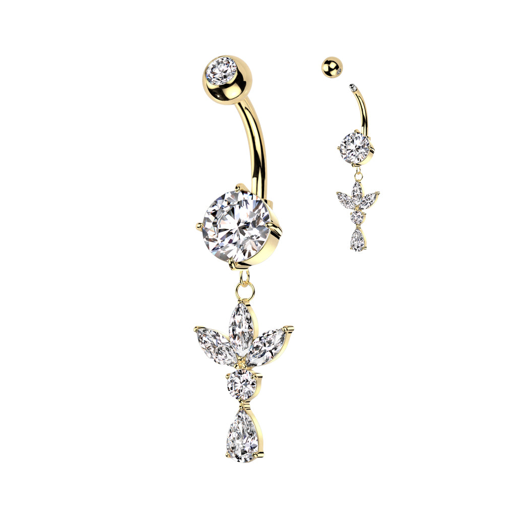 3 Marquise CZ Leaf and Pear CZ Belly Button Navel Ring - Gold-Belly Rings-1-Glitters