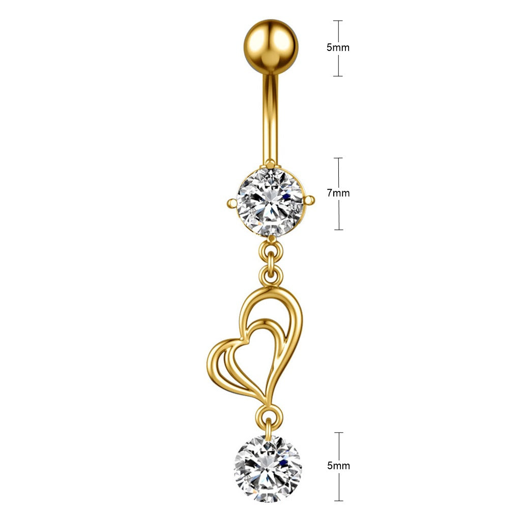 Double Heart with CZ Dangle Belly Button Ring - Gold