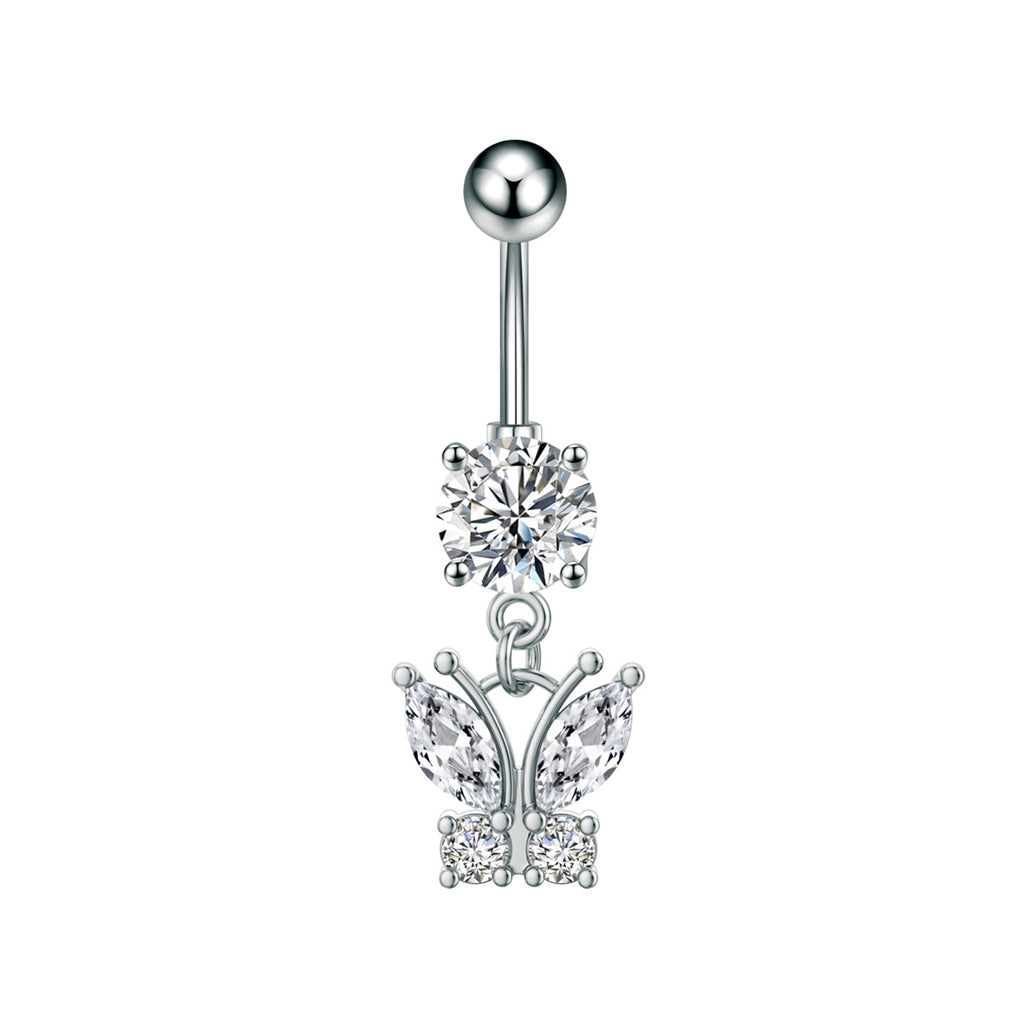 CZ Butterfly Dangle Belly Button Navel Ring - Silver-Belly Rings-1-Glitters