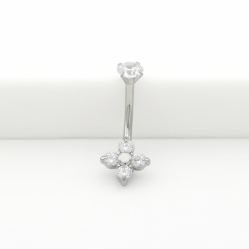4 CZ Flower Belly Button Navel Ring - Silver