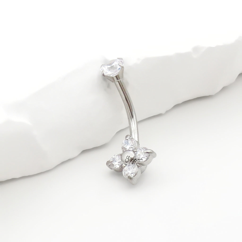 4 CZ Flower Belly Button Navel Ring - Silver