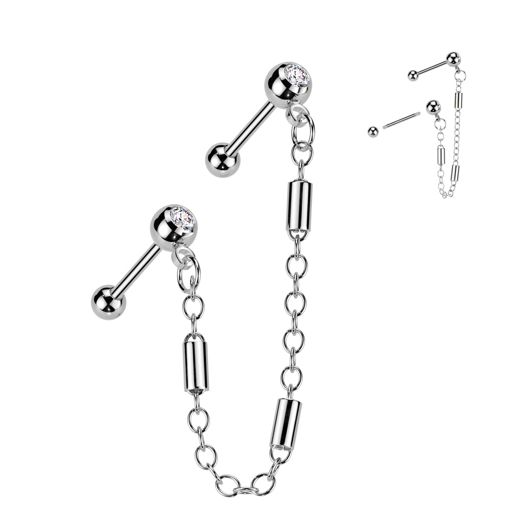 CZ Top Barbell Link Chain Cartilage Barbell-Ear Chains-1-Glitters