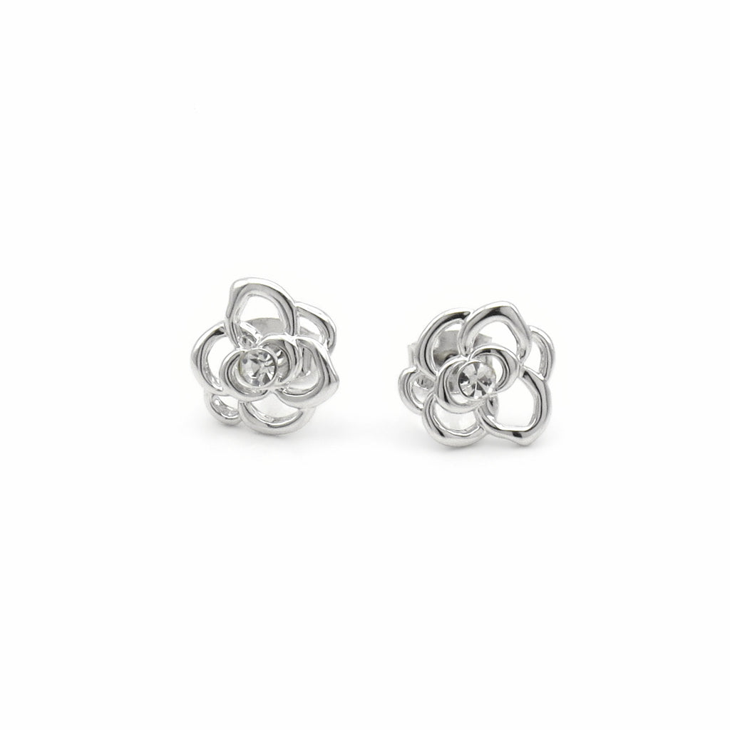 Silver Rose Stud Earrings with Crystal Centre-Stud Earrings-1-Glitters