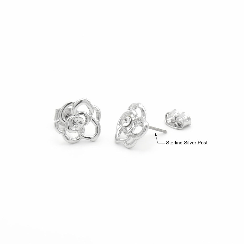 Silver Rose Stud Earrings with Crystal Centre-Stud Earrings-2-Glitters