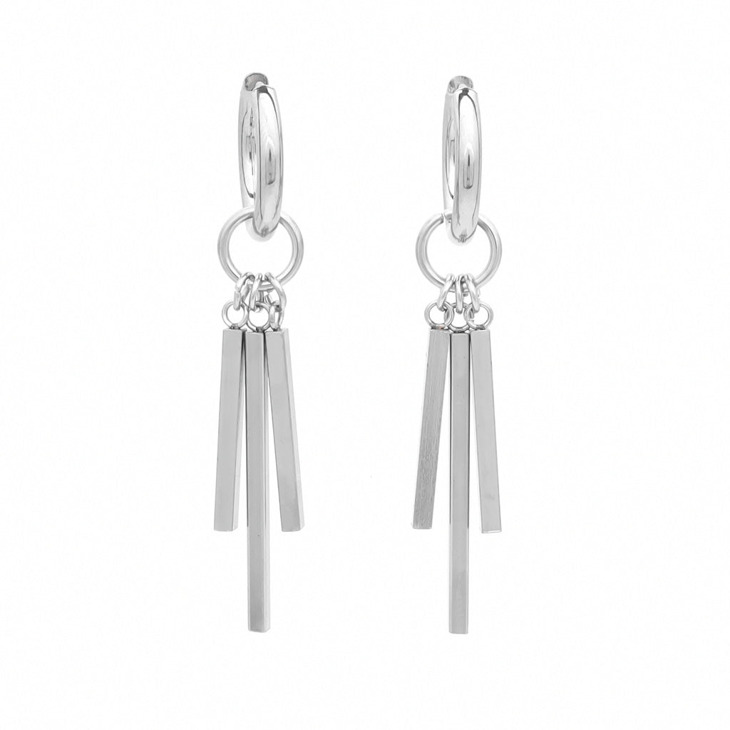 Stainless Steel 3 Drop Bars Huggie Hoop Earrings - Silver-Hoop Earrings-1-Glitters