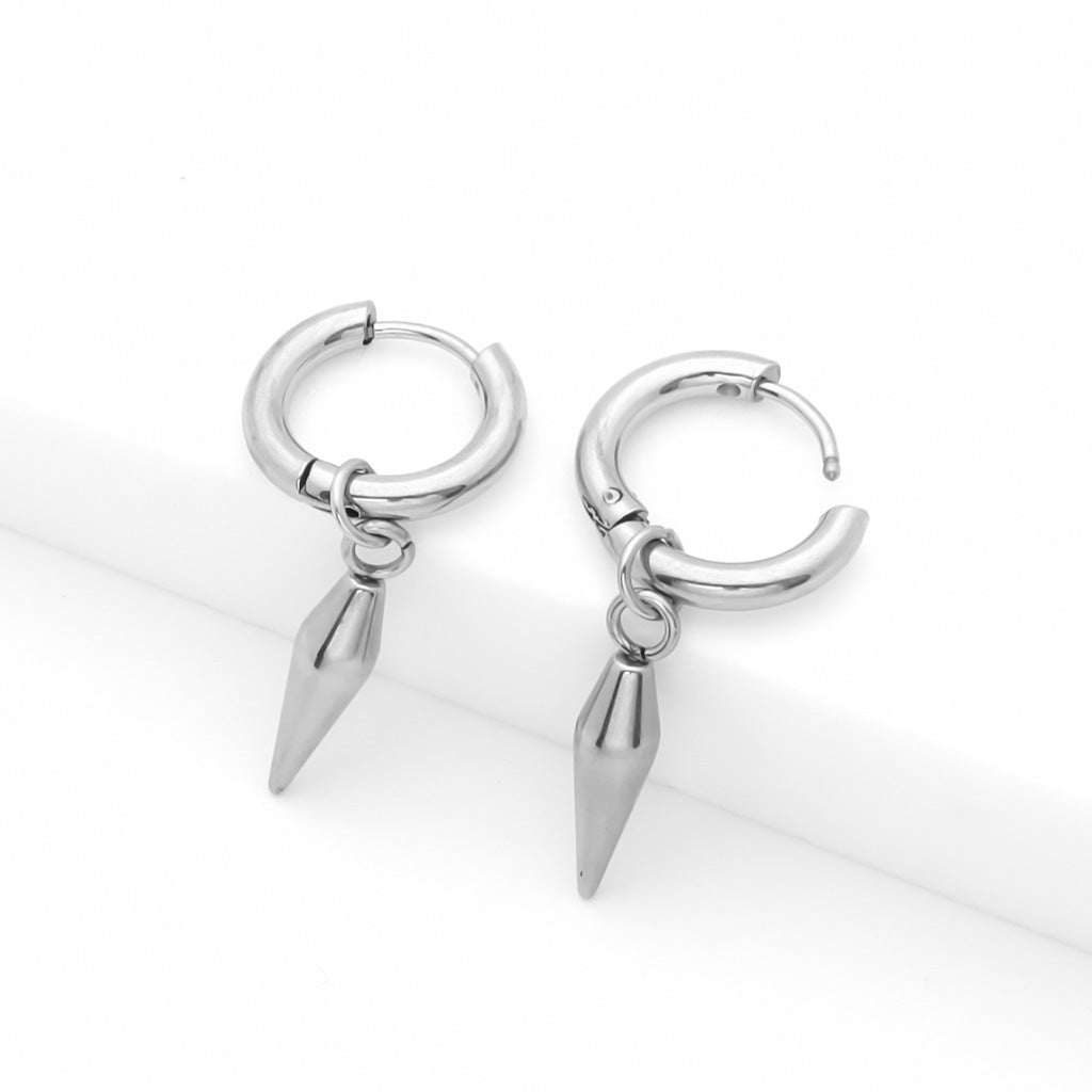 Stainless Steel Drop Spike Cone Huggie Hoop Earrings - Silver-Hoop Earrings-2-Glitters