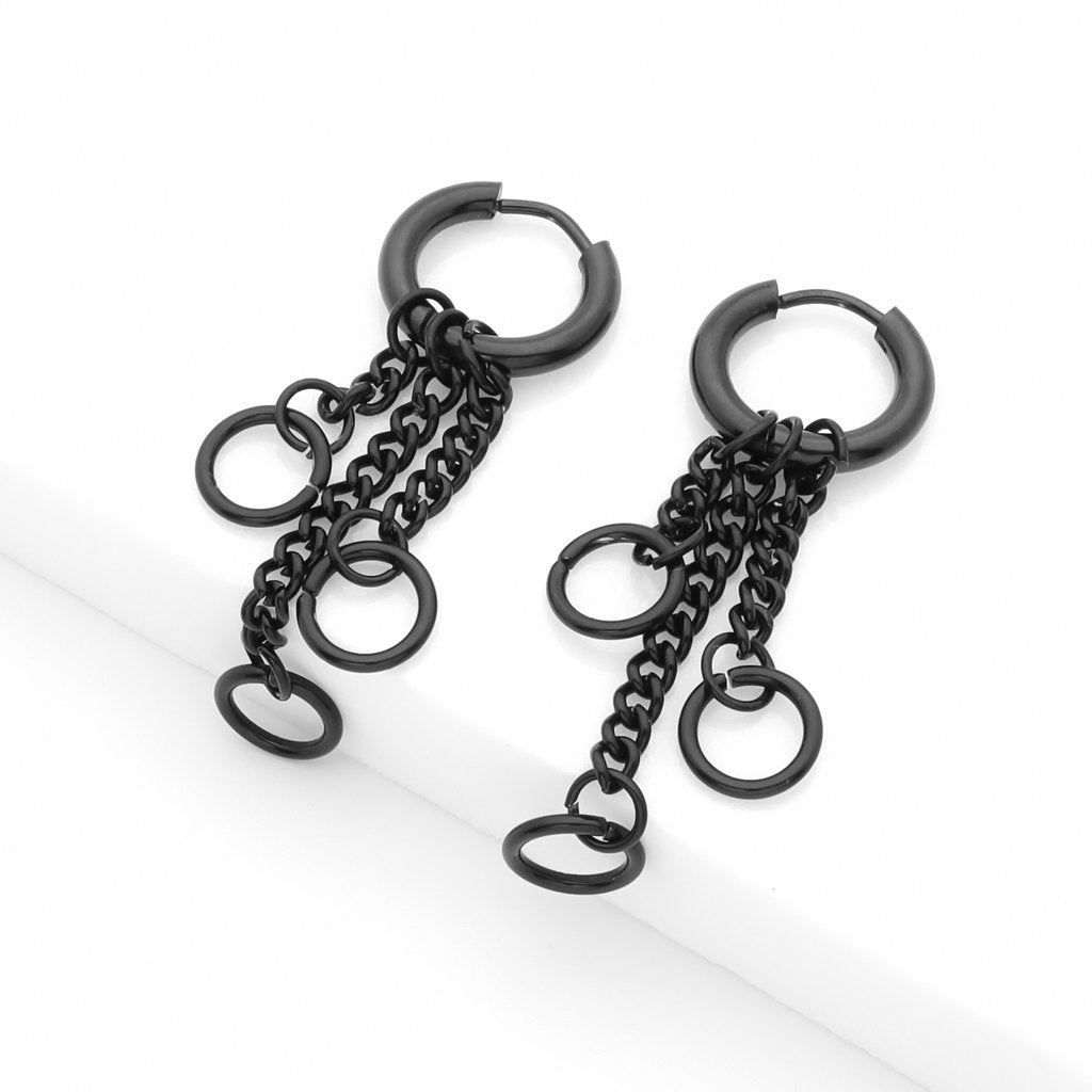 Stainless Steel 3 Drop Chains Huggie Hoop Earrings - Black-Hoop Earrings-2-Glitters