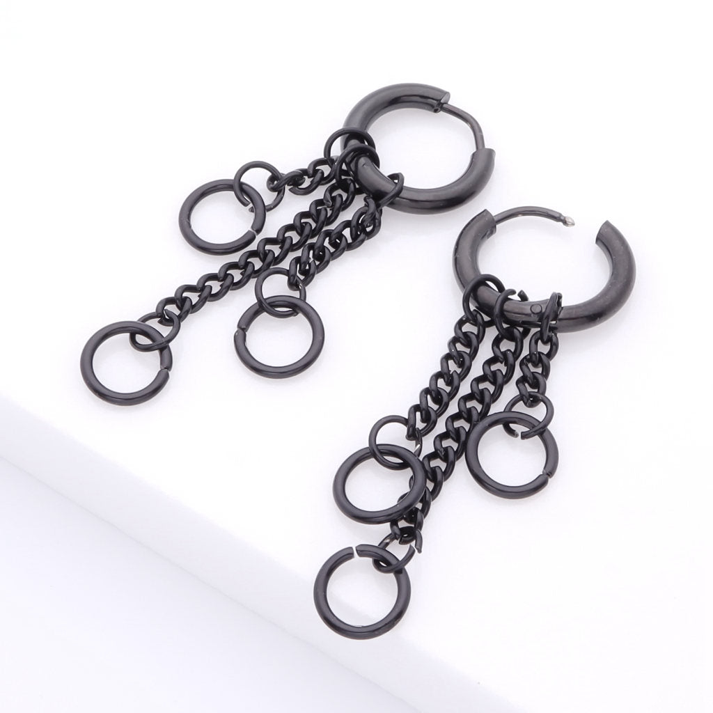 Stainless Steel 3 Drop Chains Huggie Hoop Earrings - Black-Hoop Earrings-3-Glitters