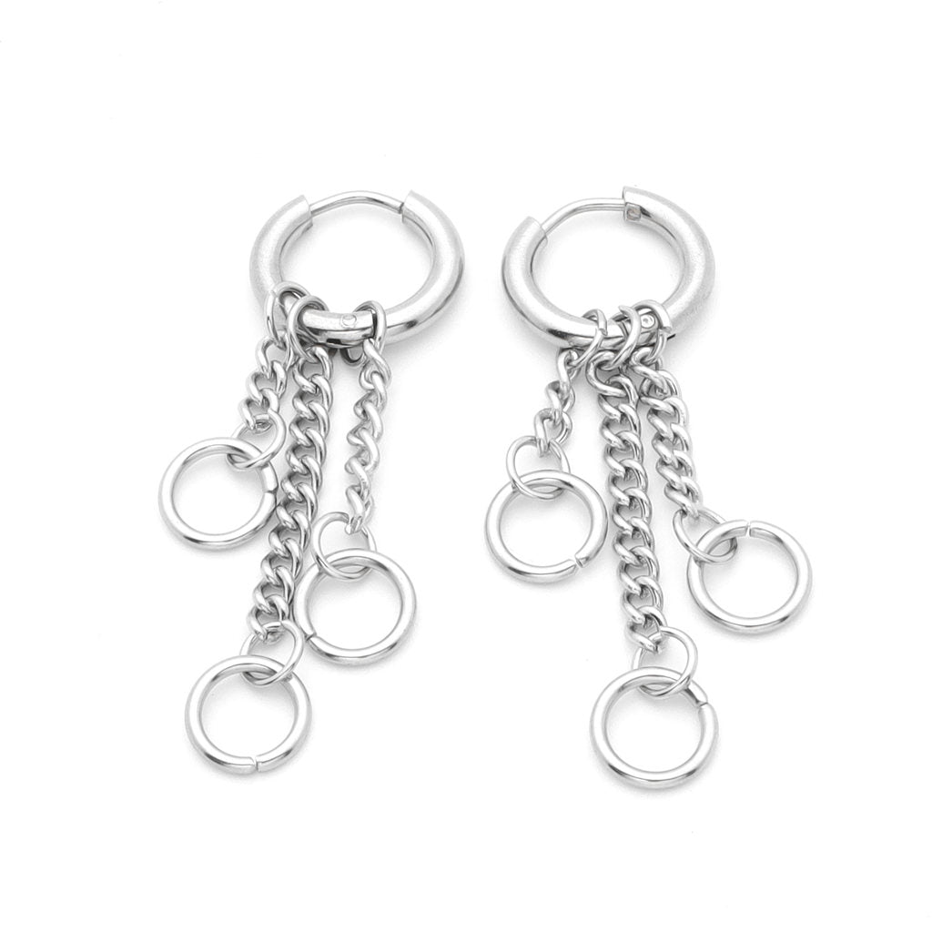 Stainless Steel 3 Drop Chains Huggie Hoop Earrings - Silver-Hoop Earrings-1-Glitters
