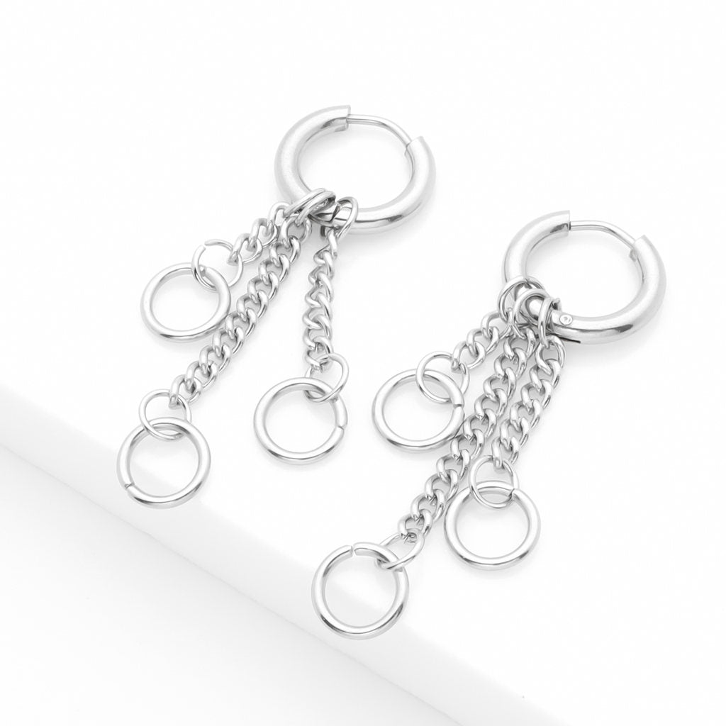 Stainless Steel 3 Drop Chains Huggie Hoop Earrings - Silver-Hoop Earrings-2-Glitters
