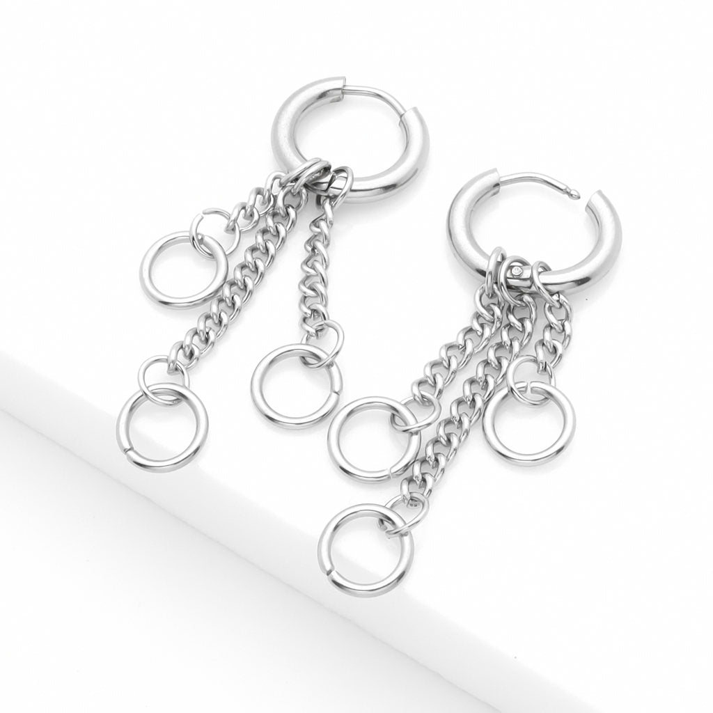 Stainless Steel 3 Drop Chains Huggie Hoop Earrings - Silver-Hoop Earrings-3-Glitters