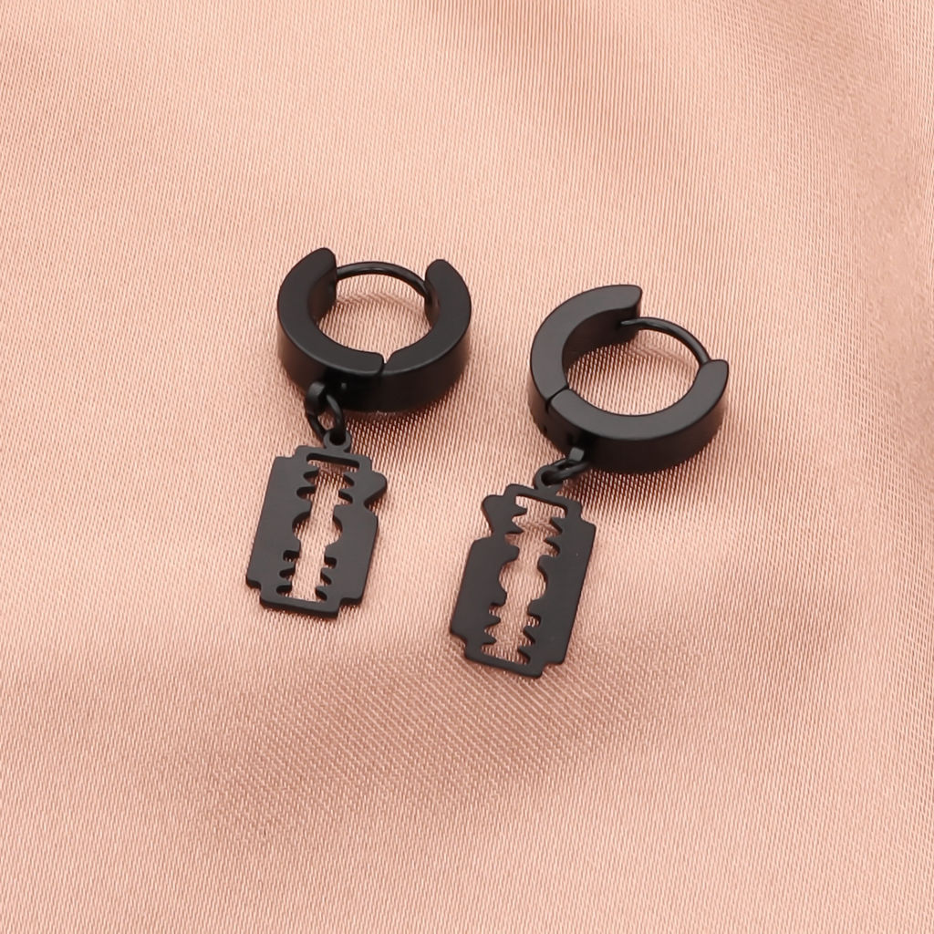Stainless Steel Huggie Hoop Earrings with Razor Blade Charm - Black-Hoop Earrings-3-Glitters