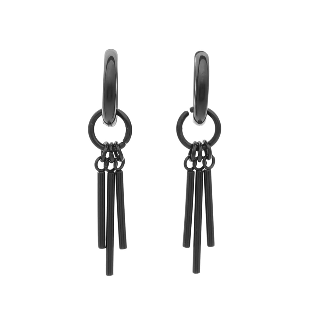 Stainless Steel Huggie Hoop Earrings with Bars Charm - Black-Hoop Earrings-1-Glitters