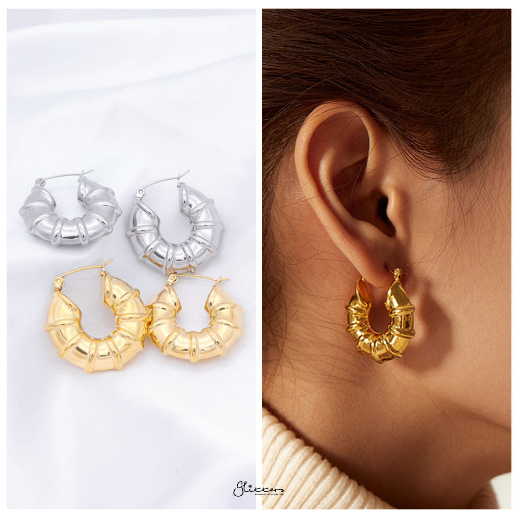 Stainless Steel Bamboo Hoop Earrings - Gold-Earrings-3-Glitters