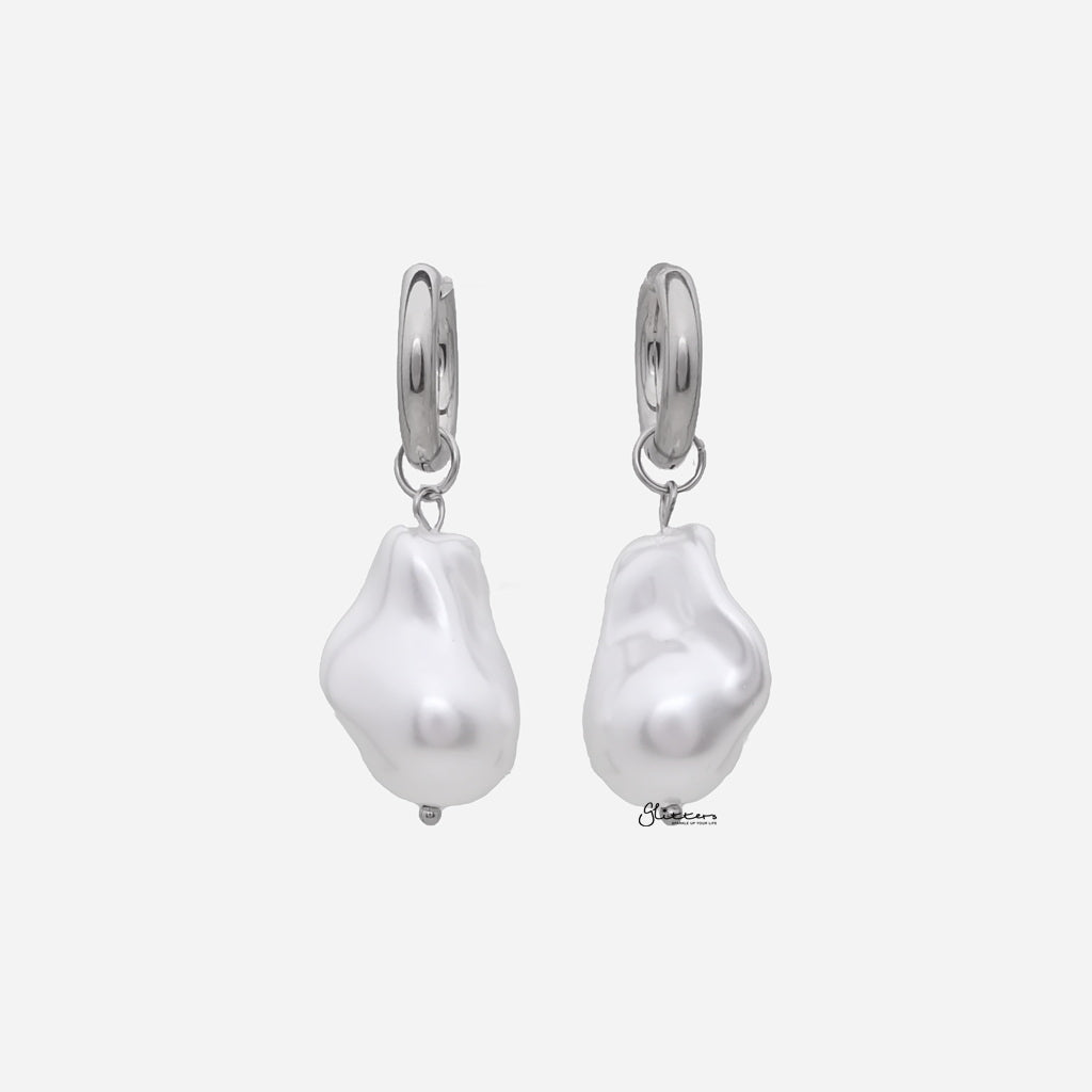 Stainless Steel Hoop Earrings with Pearl Drop - Silver-Earrings-1-Glitters