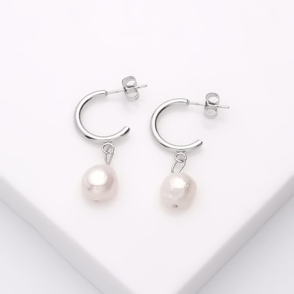 Stainless Steel Baroque Freshwater Pearl Earrings - Silver-Earrings-1-Glitters