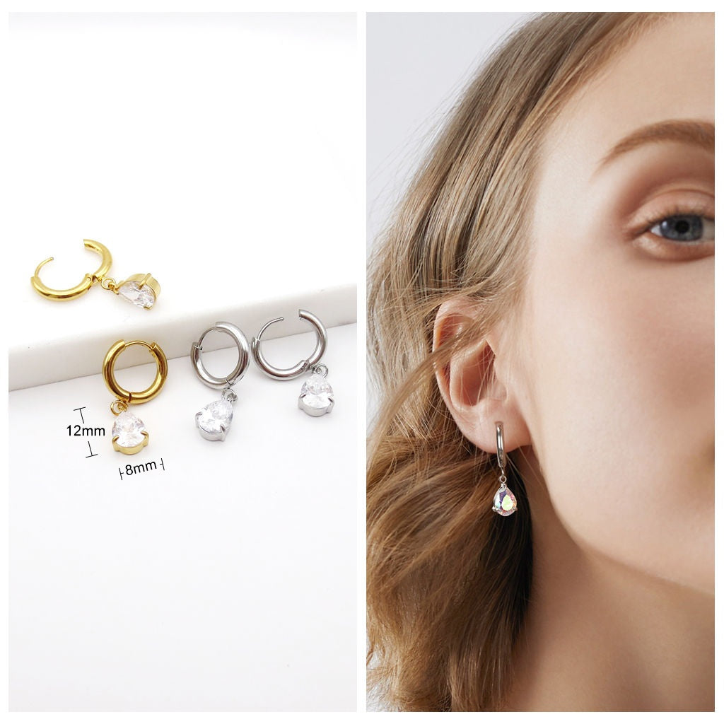 Stainless Steel Pear Cut CZ Dangle Hoop Earrings-Earrings-2-Glitters
