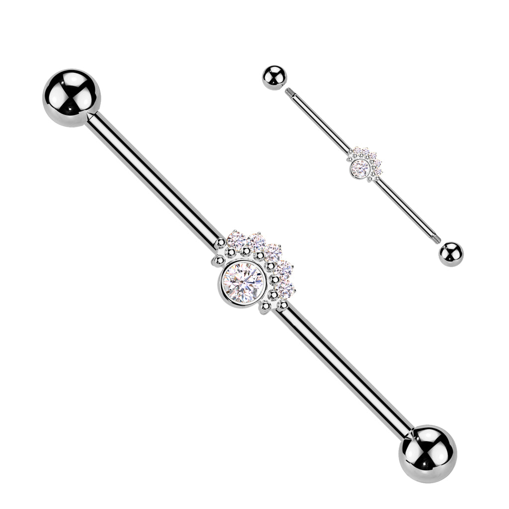 CZ Fan With Big Round CZ Center Industrial Barbell - Silver-Industrial Barbells-1-Glitters