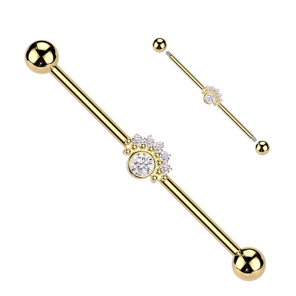 CZ Fan With Big Round CZ Center Industrial Barbell - Gold-Industrial Barbells-1-Glitters