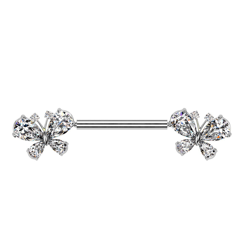 CZ Butterfly Threadless Push In Nipple Barbell - Silver-Nipple Barbells-1-Glitters