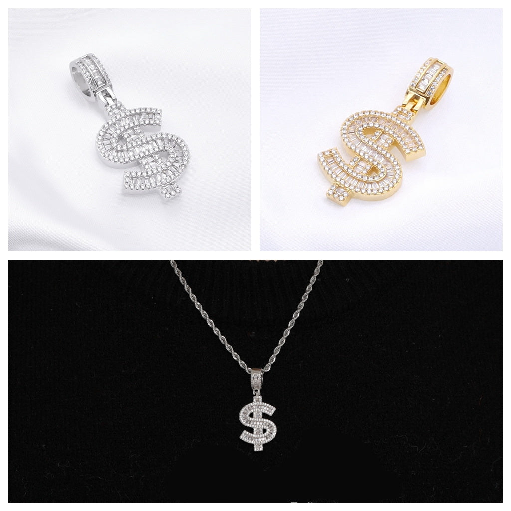Iced Out Dollar Sign Pendant - Silver-Ice Out Pendants-3-Glitters
