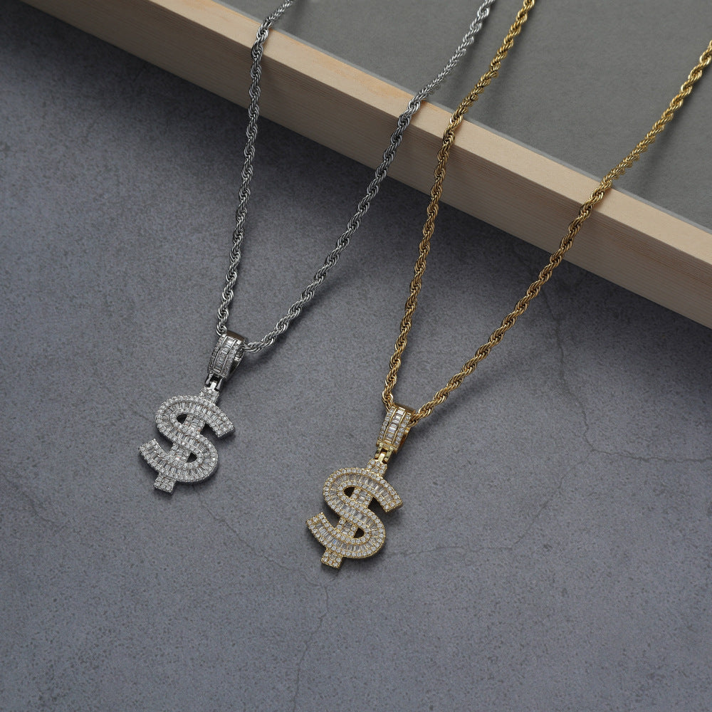 Iced Out Dollar Sign Pendant - Silver-Ice Out Pendants-4-Glitters