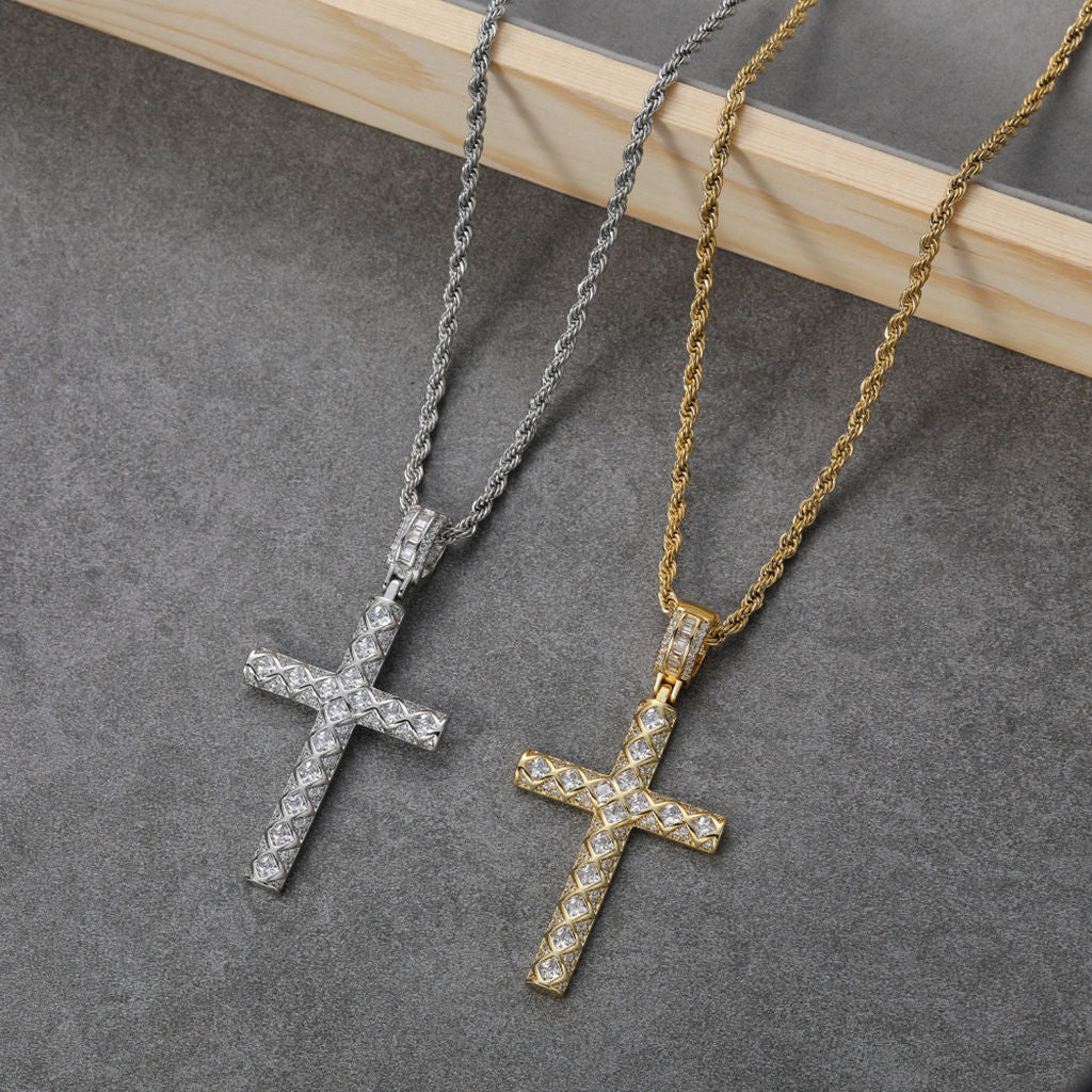Iced Out Cross Pendant - Silver-Ice Out Pendants-3-Glitters