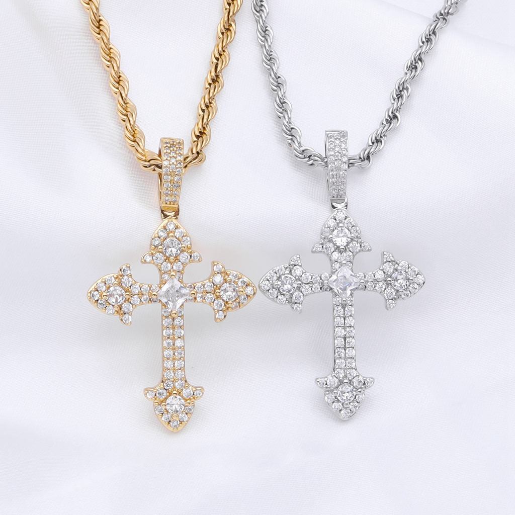 Iced Out Cross Pendant - Silver-Ice Out Pendants-3-Glitters